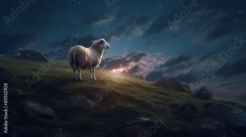 Whispers of peace: The night of Eid ul Adha enfolds a lone sheep on a hill, engrossed in quiet contemplation, attuned to the serenity around. Generative AI