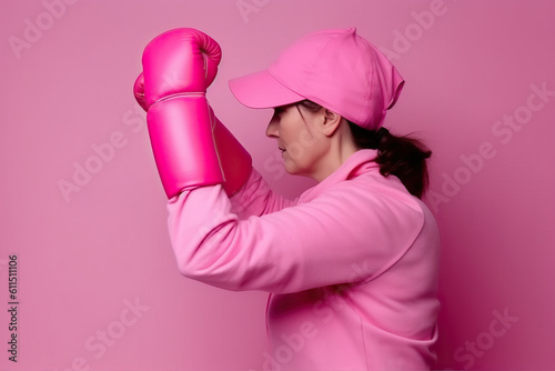 Illustration of a woman fighting against breast cancer while wearing a pink hat and pink boxing gloves created with Generative AI technology