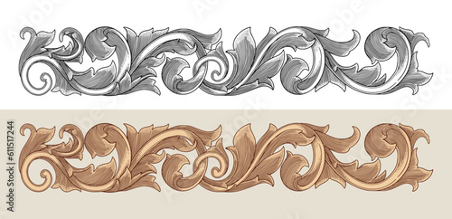 Vintage baroque ornament leaf scroll, hand drawing engraving style illustration