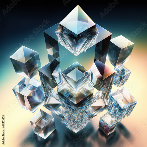 Modern digital abstract art of glassy geometric transparent cubic shape crystal blocks refracts light in ravishing spectrum of prismatic colors by Generative AI.