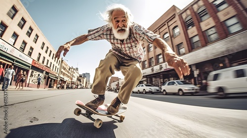 an old man riding a skateboard fast in the city,Generative AI.