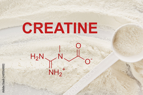 Scoop of creatine monohydrate supplement and chemical formula