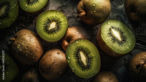 Fresh ripe kiwi with water drops background. Fruits backdrop. Generative AI