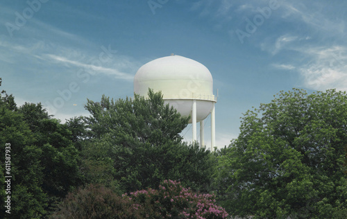 A towering cylindrical structure elevated on sturdy legs. Stores water high for pressure, a weathered or modern landmark in many communities