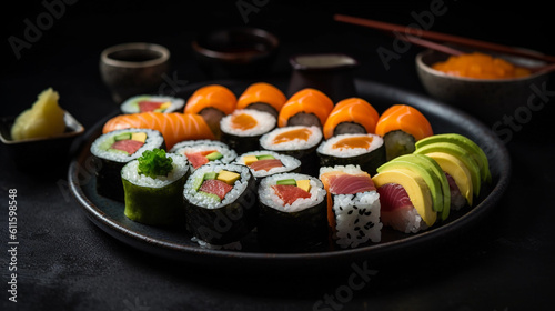 A plate of colorful sushi rolls, perfectly arranged and visually appealing