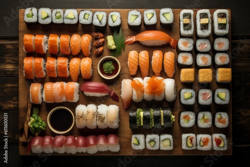 Japanese sushi top view set. Generate Ai