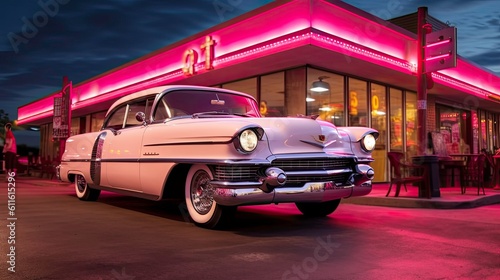 Retro Style Pink Vehicle Parked by Neon Light Snack Bar Generated by AI