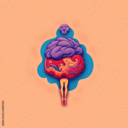 A person is depicted with a brain in their stomach showing the disorientation that comes from somatic disorder. Psychology art concept. AI generation