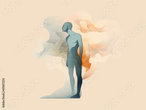 A person experiencing a somatic disorder is depicted as a figure with a detached wispy body ly contained by Psychology art concept. AI generation