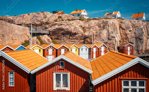Colorful boathouses on Smögen Island on the Swedish West Coast. Popular tourist destination.