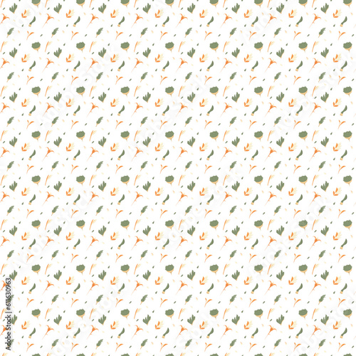 hand drawn seamless pattern green and orange leaves different forms on chessboard. Vector flat illustraton