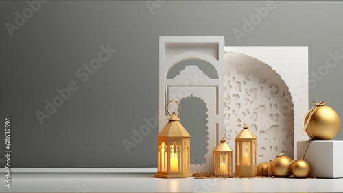 Islamic background, gold lantern on white. Design concept of ramadan kareem, mawlid, iftar,isra and miraj or eid al fitr adha, copy space text area. generative ai.