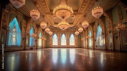 Elegant ballroom adorned with sparkling chandeliers. Generative ai.