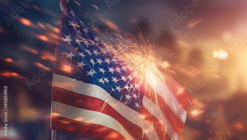 hermoso fondo con las bandera americana entre fuegos artificiales, estilo retro. Ilustracion de Ia generativa