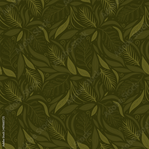 seamless pattern with green leaves. beautiful leaves of different shapes. endless pattern with vegetation.