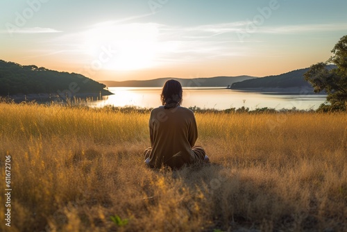 Individual meditating against a serene backdrop, embodying tranquility and peace.