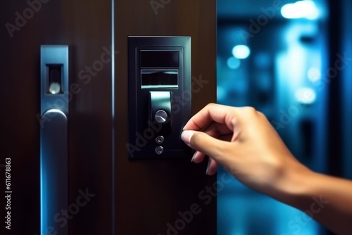 Woman hand using electronic smart key card to unlock door in hotel or house. Digital lock, door access control, contactless concept. Closeup, copy space Generative AI
