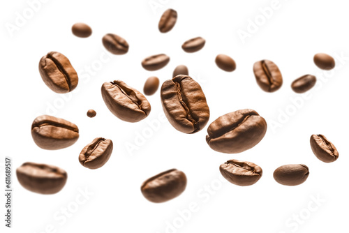 Coffee beans flying isolated on isolated png background. Generative AI.