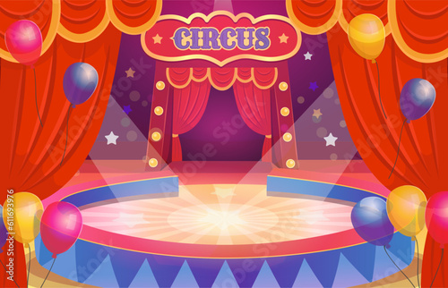 Circus arena with a round stage for the show. Arena with a curtain. Interior with balloons.