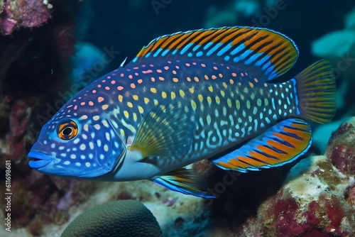 Tropical fish swims at the bottom of the sea.