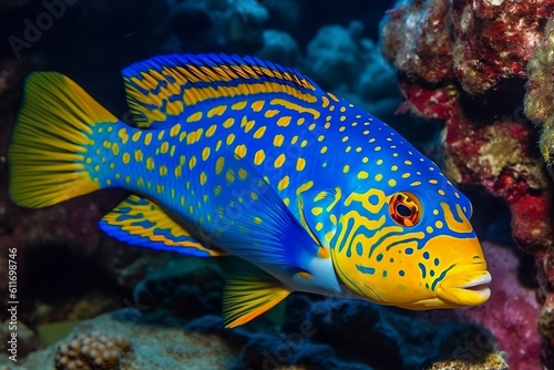 Beautiful blue fish at the bottom of the ocean. 