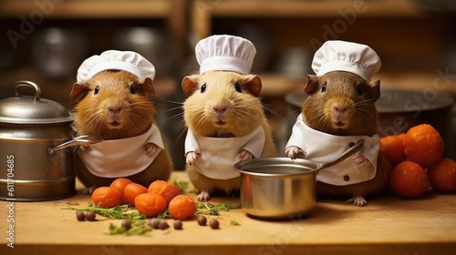 A trio of cute guinea pigs wearing chef hats, collaborating in a mini kitchen as they 'cook' tiny meals with miniature pots and pans - Generative ai