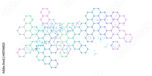 Abstract hexagonal molecular structures for design on topic of scientific research in field of chemistry, molecular biology and medicine. Transparent background