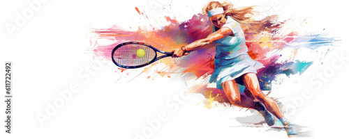 Illustration with dynamic scene of a tennis player with racket in splashes of colorful water on white background with space for text. Generative AI
