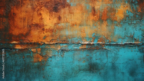 Distressed painted surface. Teal, turquoise and antique aged metal, wall. Vintage texture backdrop. Generative Ai.