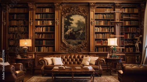 Elegant Vintage Library Interior, Rich Mahogany, Leather Couch, Classic Artwork, Illuminated Ambiance, Grand Bookshelves, Evening, Opulence in English Manor - Generative AI
