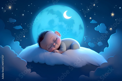 The baby sleeps on a cloud under the stars, cozy sleep, Generative AI