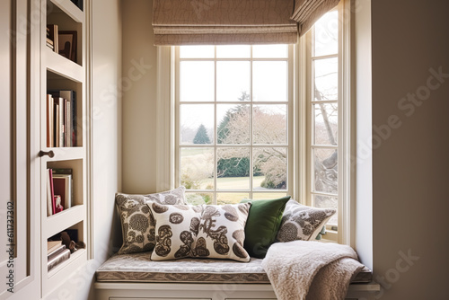 Window seat, interior design and comfort at home, reading nook with bookshelves and cushions, home decor in a country house, English cottage style, generative ai