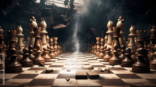 Destruction and Strategy Chess Pieces Face Each Other in Devastated Surroundings. Generative AI