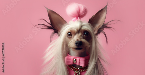 Happy and cheerful dog with long hair and decorations on a pink background. Banner. Copy space. AI generation