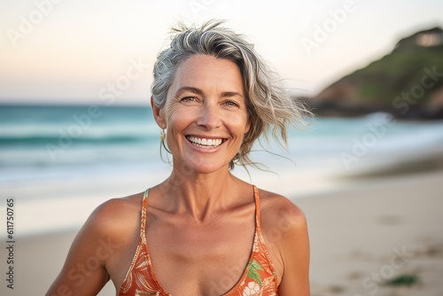 woman in his 40s that is wearing a swimsuit against a beautiful beach background