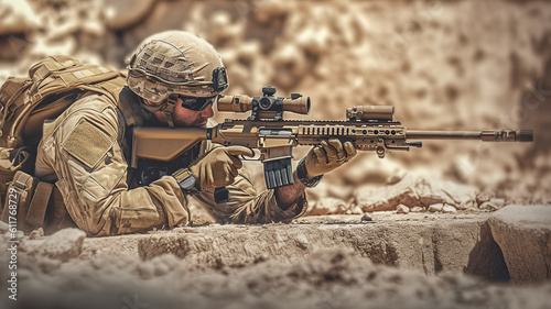 A sniper with a sniper rifle in position. Rocky desert terrain