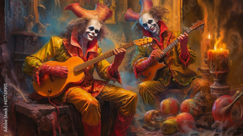 Rock musicians in the medieval style of jesters and funny clowns play guitars and balalaikas in the castle dungeon. Created in AI.