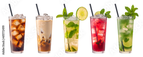 Summer cocktails, lemonade and iced coffee on a transparent background