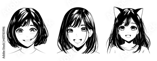Happy black and white portraits of teenage girls, happy girls in anime or manga style. Cute schoolgirl girls with big eyes and smile. Manga portraits. Asian school girls in anime style. Vector set