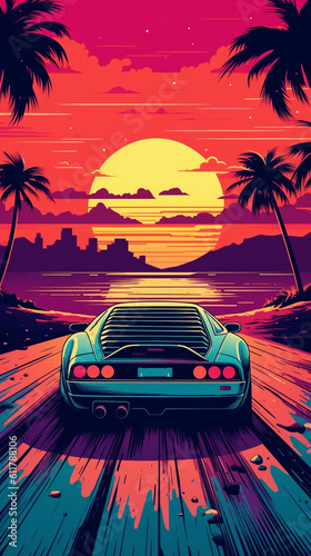 Retro wave 80s image of sports car in sunset