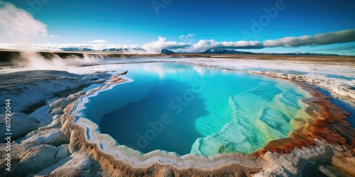 mesmerizing geothermal pool, with vibrant hues of blue and turquoise created by mineral-rich waters Generative AI Digital Illustration Part#110623