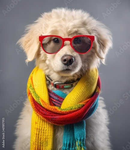 funny poodle dog wearing scarf and sunglasses. created with generative AI technology