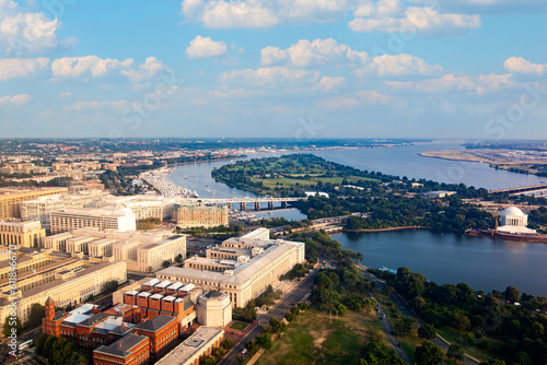 aerial of Washington with potomac river, historic government buildings and greek temple,