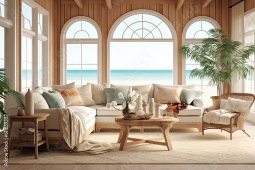 A beach - themed living room featuring a rattan sofa, seashell decor, a sisal rug, and large windows overlooking the ocean