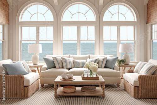 A beach - themed living room featuring a rattan sofa, seashell decor, a sisal rug, and large windows overlooking the ocean