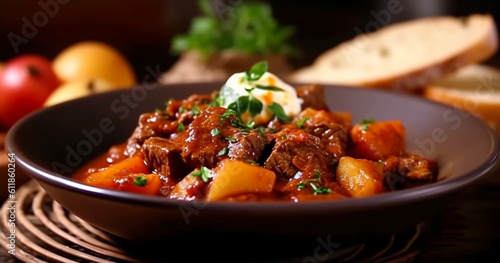 Traditional beef goulash with sauce and potatoes with bread and vegetables, healthy eating, Austrian cuisine