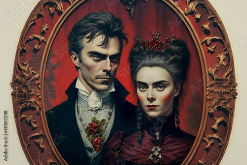 Vintage Painting of a Loving Gothic Couple. Generative AI. A digital illustration of a vintage painting of a loving Gothic couple on Valentine's Day.