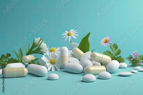 herbal natural pills on green background, copy space, AI Generated