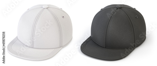 White and black snap back mock up, blank hat template, isolated on white background.