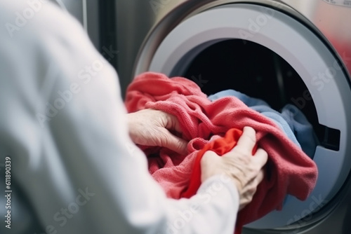 unrecognizable senior washwoman taking of cleaned up towels from the washing machine in the laundry